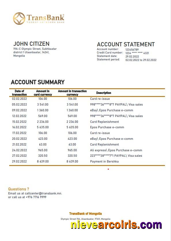 Mongolia Transbank bank statement in Word and PDF format